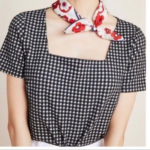 Anthropologie Blue Tassel Gingham Square Neck Checkered Wooden Button Top Fall